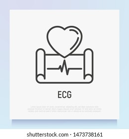 Ecg thin line icon. Cardiogram with heart. Medical research. Modern vector illustration.