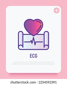 ECG thin line icon. Cardiogram with heart. Medical research. Modern vector illustration.