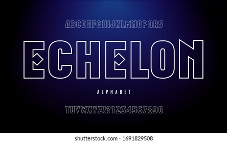 Echelon; retro-future game or sci-fi brand or logo alphabet. Good font for technology or space theme, as well as sports. Futuristic outline style with unusual letterforms.