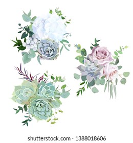 Echeveria blue, grey, mint succulents, white hydrangea, pale pink and lavender rose,greenery and eucalyptus vector design wedding bouquets.Trendy pastel dusty color collection. Isolated and editable