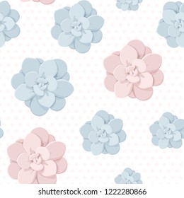 Echeveria stone rose succulent flower plant seamless pattern. Blue pink pastel colors on polka dot background. Top view realistic drawing. Vector design illustration.