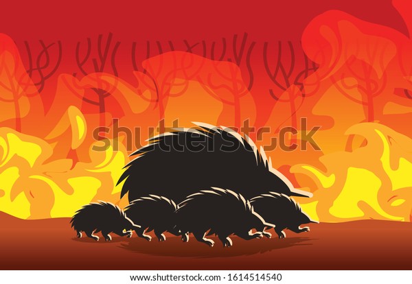 オーストラリアの山火事で燃え続くエシダの影絵が野火の茂みで消え 木を燃やす自然災害のコンセプトの炎の強いオレンジ色の水平ベクターイラスト のベクター画像 素材 ロイヤリティフリー