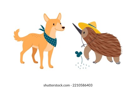 Echidna in Yellow Hat and Dingo Dog with Neckcloth as Australian Animal Vector Set