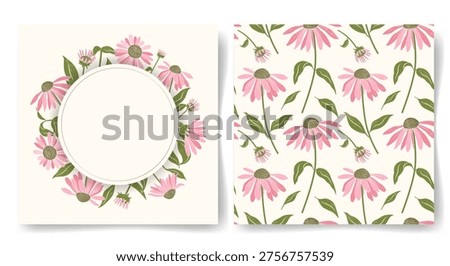 Echinacea bloom seamless pattern and card with coneflower. Echinacea wreath. Floral border for greeting card, invitation. 