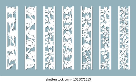 Echinacea, chamomile, schefler, noble hepatica, zephyrantes, stokesia. Panels with floral pattern. Flowers and leaves. Laser cut. Set of bookmarks templates. Image for laser cutting, plotter cutting 