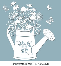 Echinacea, dandelions with Scheffler in a jar of water. watering can. Vector illustration. Paper flower, stickers. Laser cut. Template for Plotter.  