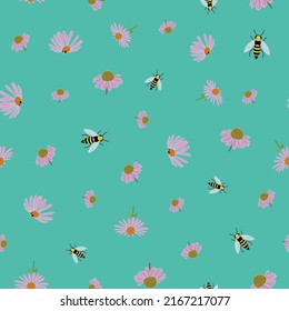 Echinacea design repeat pattern in vector on green
