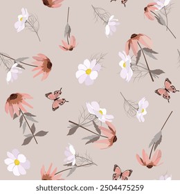 Echinacea flower, cosmea and butterflies on a beige background. Happy summer rustic mood. Botanic continuous cover. Vector illustration.