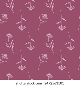 Echinacea flowers hand drawn seamless pattern. Repeating background with engraved flower, leaves. Vector illustration. Design herbal botanical plant for tea, organic cosmetic, medicine, print, textile