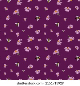 Echinacea flowers seamless pattern design on purple background