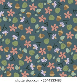 Echinacea flowers vector seamless pattern. Floral surface design of coneflowers, leaves and acorns. Allover print flowery texture on smoked teal color background.   