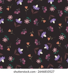 Echinacea flowers vector seamless pattern. Floral surface design of coneflowers, leaves and buds. Allover print flowery texture on dark wine color background.   