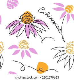 Echinacea purpurea, coneflower seamless vector pattern. One continuous line art drawing pattern with echinacea flower.
