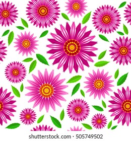 Echinacea purpurea flowers vector seamless pattern.
Vector seamless pattern of echinacea purpurea blooming flowers with green leaves.