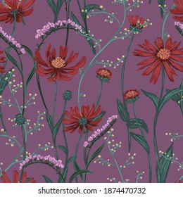 Echinacea, wild flowers hand drawn vector seamless pattern. Abstract botanical sketches of field plants. Colored vintage floral background. Design for wallpaper, fabric, prints, decor, textile, wrap.