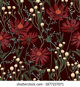 Echinacea, wild flowers hand drawn vector seamless pattern. Abstract botanical sketches of field plants. Colored vintage floral background. Design for wallpaper, fabric, prints, decor, textile, wrap.