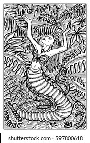 Echinda, half woman, half serpent. Hand drawn vector illustration. Engraved line art drawing, black and white doodle.