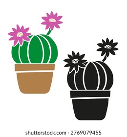 Echinocactus Illustration of a Potted Cactus with Pink Flowers houseplant in pot, set with colorful and black silhouette styles, modern tropical indoor plant stylized vector illustration isolated on white background