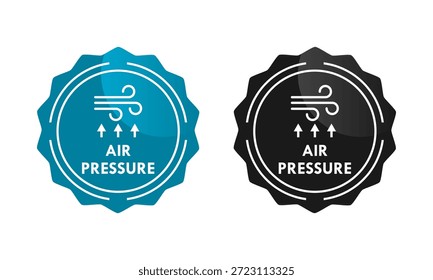 Etiquetas de indicadores técnicos de presión para el flujo de aire y agua, con símbolos de flecha y onda para equipos industriales, plomería o medición atmosférica.