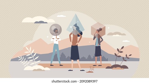 Echo chamber with personal information room from media tiny person concept. One type communication and bias opinion diversity vector illustration. Speech and thoughts from personal point of view. svg