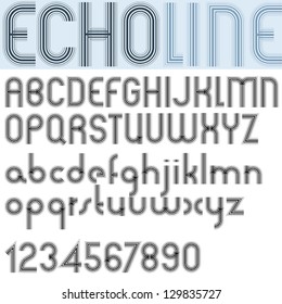 ECHO LINE retro striped rounded font, patterned old style alphabet. Best for use as a headlines in advertising, stylish retro art, graphic designs, posters and web design. Vector.