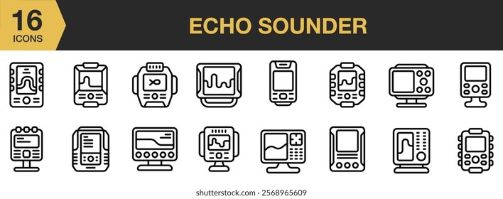 Echo Sounder icon set. Includes Echo, Fish, Logo, Nature, Screen, Sounder, Sport, and More. Outline icons vector collection.