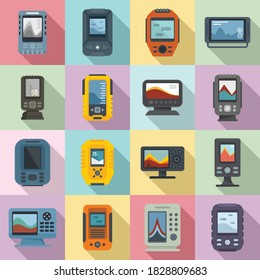 Echo sounder icons set. Flat set of echo sounder vector icons for web design
