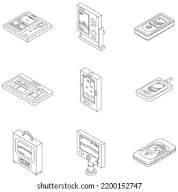 Eco iconos sonoros. Conjunto isométrico de iconos vectoriales de sonda de eco contorno línea delgada aislada en blanco