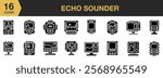 Echo Sounder solid icon set. Includes Echo, Fish, Logo, Nature, Screen, Sounder, Sport, and More. Solid icons vector collection.