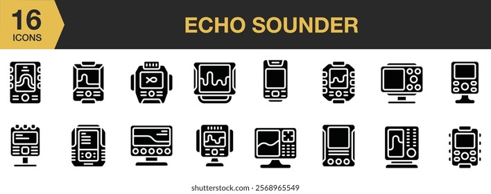 Echo Sounder solid icon set. Includes Echo, Fish, Logo, Nature, Screen, Sounder, Sport, and More. Solid icons vector collection.