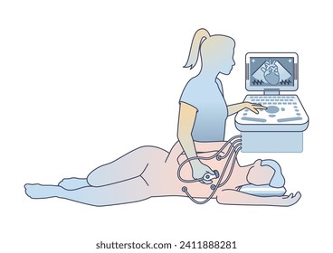 Ecocardiograma o examen de eco para el diagrama de esquema de diagnóstico de enfermedades cardíacas. Programa educativo etiquetado con proceso de exploración del paciente y cardiólogo profesional con ilustración vectorial de dispositivo ultrasonido