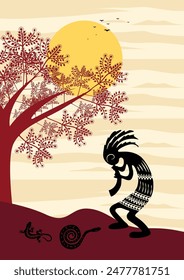 Echoes of Beginnings: A Captivating Kokopelli Scene - Dawn of Humanity. Kokopelli art, Southwest art Kokopelli, Wall art, Handmade art.
