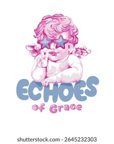 ecos de graça slogan com querubim em óculos de sol mostra vitória mão sinal gráfico vetor ilustração