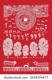 Echoes of Harmony: A Captivating Warli Scene - Rhythms of the Village. Warli art,  Rural life painting India, Indian tribal art, Warli village scene, Warli harvest art.