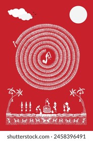 Echoes of Harmony: A Captivating Warli Scene - Rhythms of the Village. Warli art,  Rural life painting India, Indian tribal art, Warli village scene, Warli harvest art.