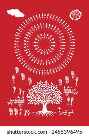 Echoes of Harmony: A Captivating Warli Scene - Rhythms of the Village. Warli art,  Rural life painting India, Indian tribal art, Warli village scene, Warli harvest art.