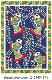 Ecos de la jungla: Un vibrante loro madhubani toma vuelo. Madhubani Pintura, Loro, India, Decoración de la pared, Arte popular. Criatura mitológica, Loro Madhubani, Regalo de arte popular.