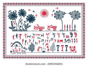 Echoes of Tradition: A Captivating Warli Artwork - Celebrating Rural Life. Warli art rural life. Indian folk art harvest. Warli community art. Warli storytelling art.