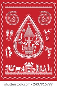 Echoes of Tradition: A Vibrant Warli Depiction of Indian Village Life. Whimsical Warli Scenes: Bringing Indian Villages to Life. Warli Art, Indian Folk Painting, Rural Life Illustration.