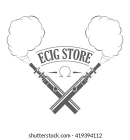 Ecig store logotype template. Badge of vape shop on white background. Monochrome label with electronic cigarettes and vapor clouds for lounge advertising or window signage. Vector illustration.