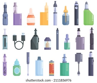 E-cigarette accessories icons set cartoon vector. Liquid cotton. Pincers vape