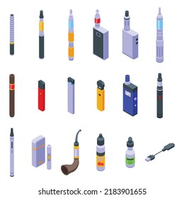 E-cigarette accessories icons set isometric vector. Liquid cotton. Vape smoke