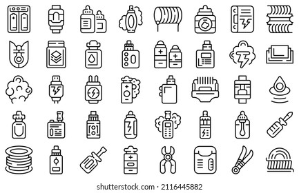 E-cigarette accessories icons set outline vector. Liquid cotton. Vape smoke