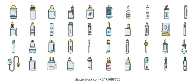 e-cigarette accessories icons set outline vector. Liquid vape. Smoke coil thin line color flat on white