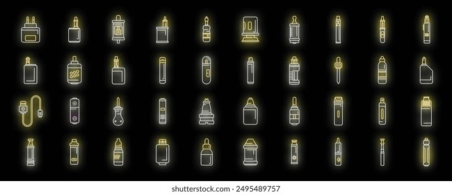 e-cigarette accessories icons set outline vector. Liquid vape. Smoke coil neon color on black