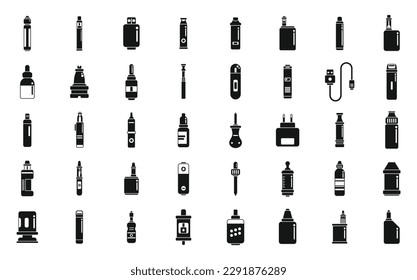 Icons für E-Zigaretten-Accessoires setzen einfache Vektorgrafiken. Flüssigkeitsdämpfe. Rauchspule