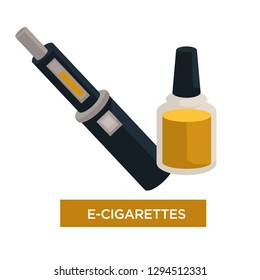 E-cigarette and liquid in bottle for recharge isolated vector electronic cigar modern device and technology smoking habit gadget cartridge and battery alternative way vapor and harmless smoke.