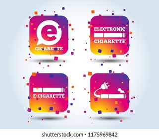 E-Cigarette with plug icons. Electronic smoking symbols. Speech bubble sign. Colour gradient square buttons. Flat design concept. Vector