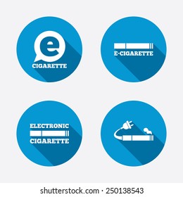 E-Cigarette with plug icons. Electronic smoking symbols. Speech bubble sign. Circle concept web buttons. Vector