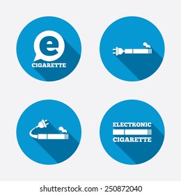 E-Cigarette with plug icons. Electronic smoking symbols. Speech bubble sign. Circle concept web buttons. Vector